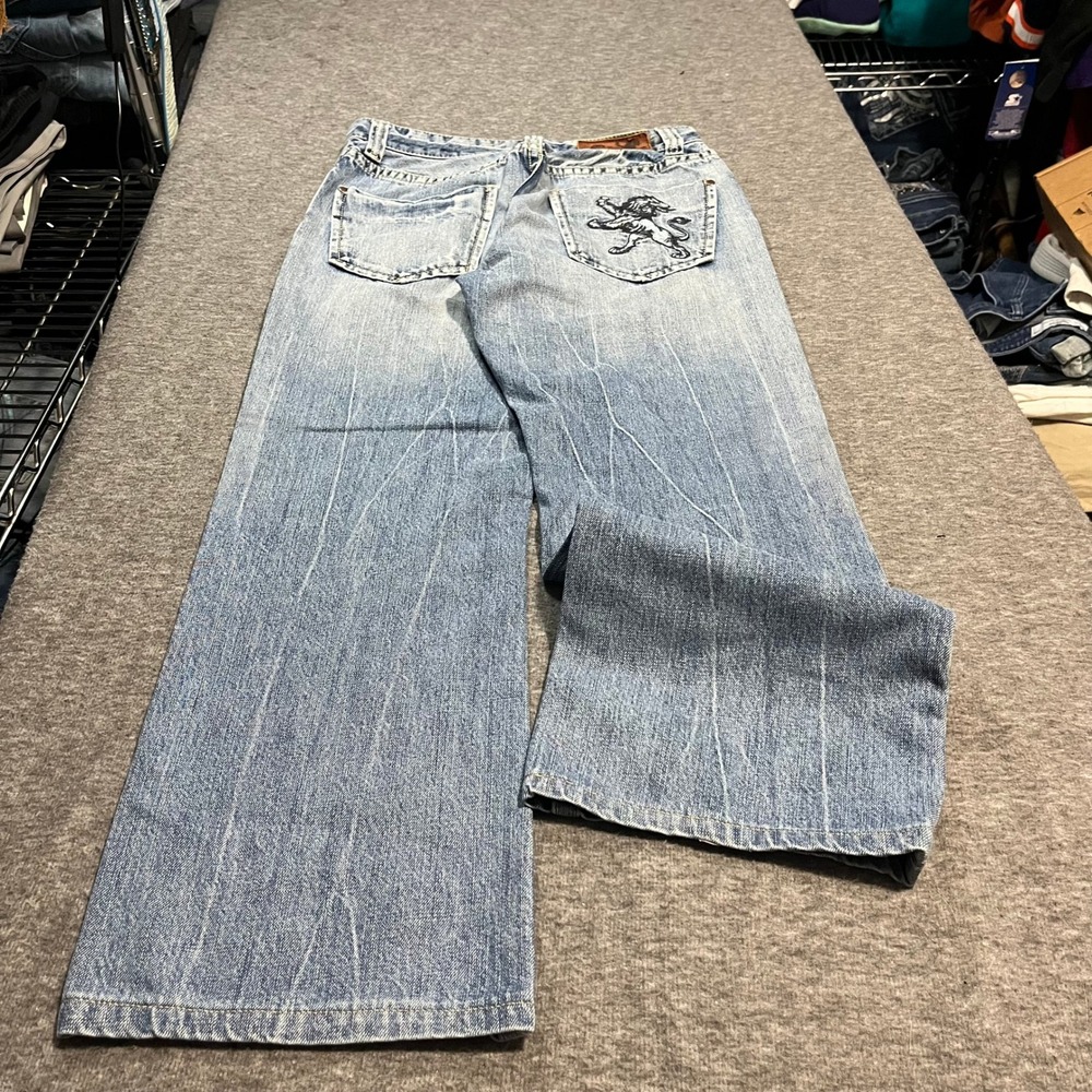 Fusai Mens Baggy Bootcut Jeans Light Wash Embroidered Lion Y2K Skater 29x30